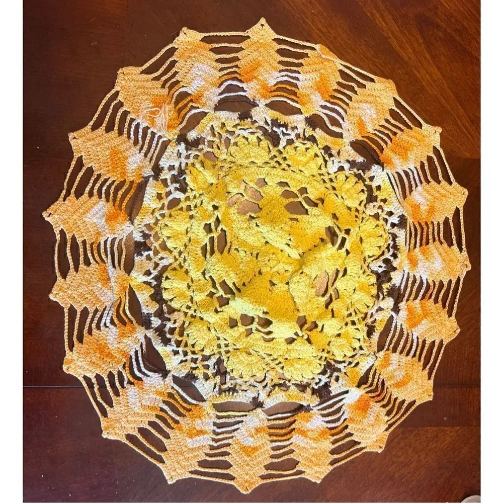 Handmade 16” doily orange yellow spiral retro inspired 70’s